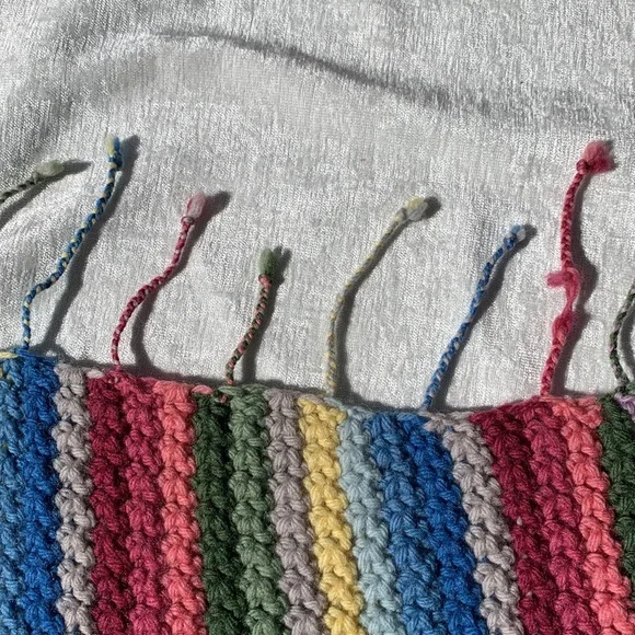 Vintage Handmade Crochet Knit Rainbow Afghan Blanket Fringe “Granny Square” - Picture 7 of 9